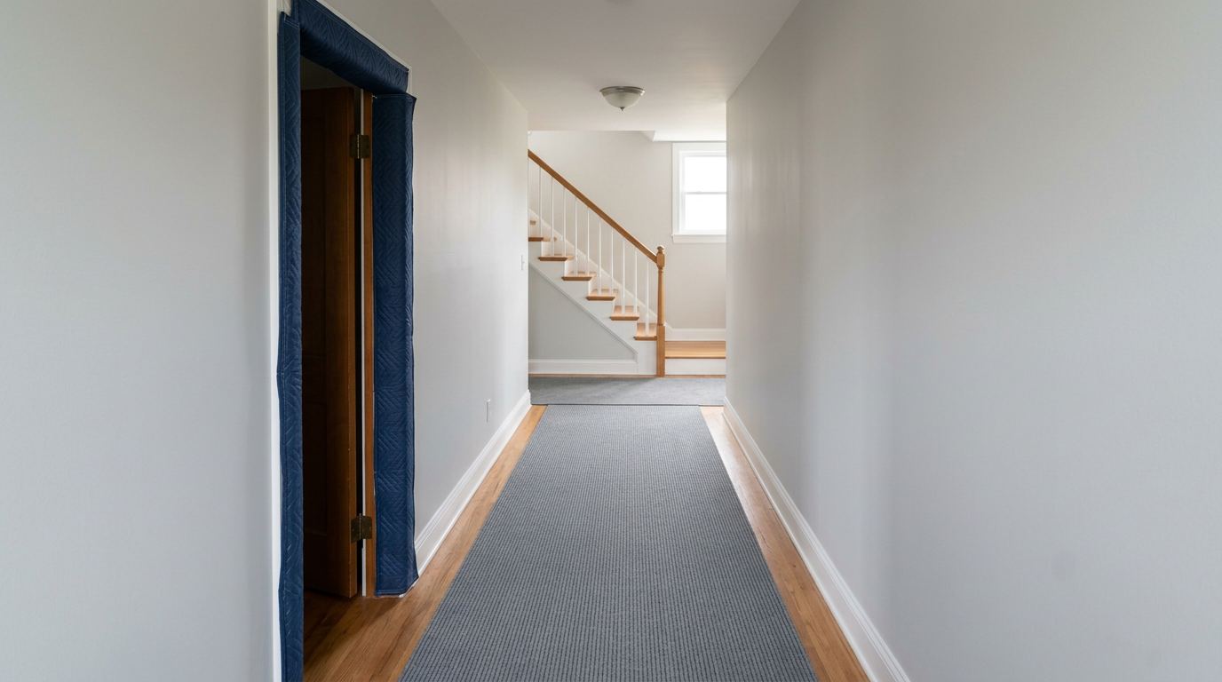 Hallway with a floor runner laid down and a padded door frame